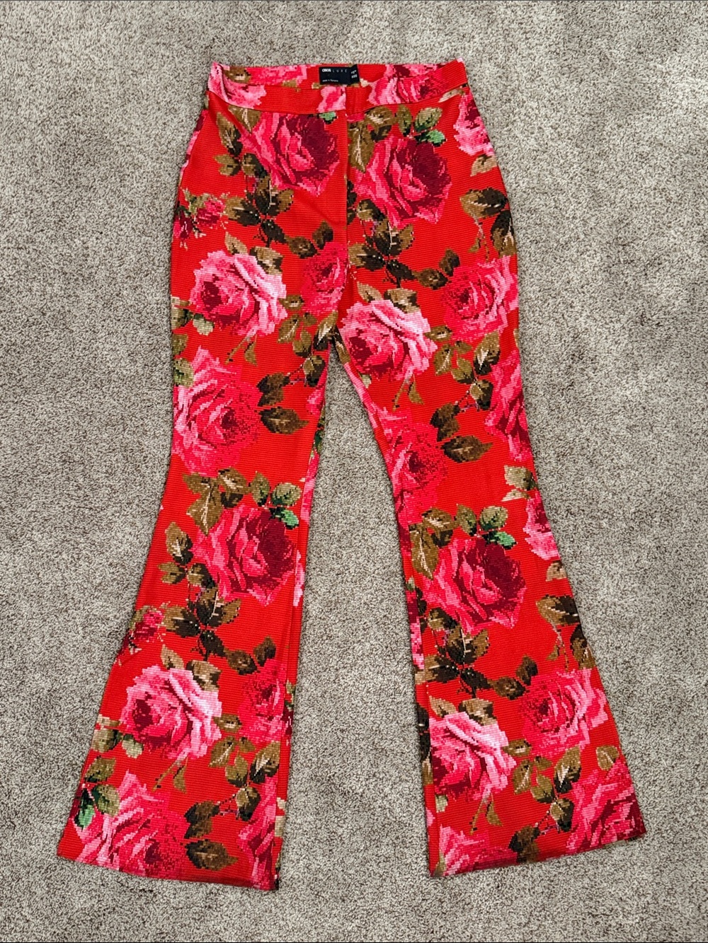 ASOS LUXE Pixelated Rose Floral Print Pants Flare Red Size 8 - Picture 5 of 8
